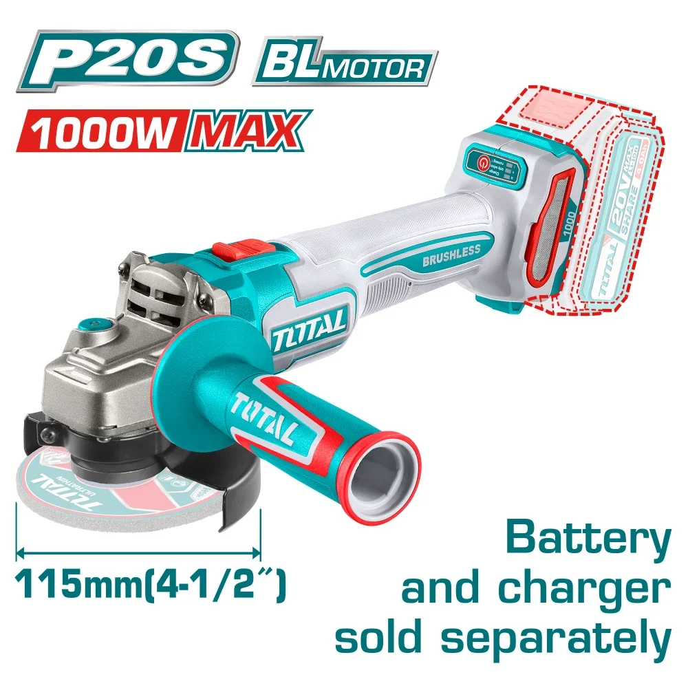 Акумулаторен безчетков ъглошлайф TOTAL TAGLI27153, Ø 115 мм, 20 V, без батерия