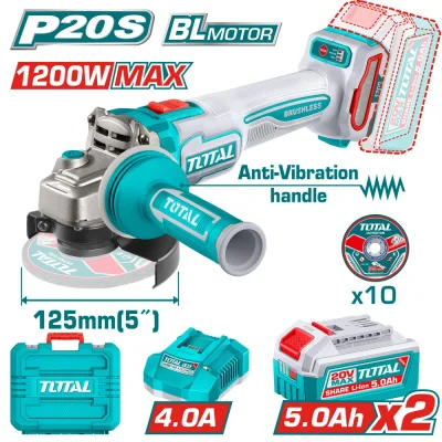 Акумулаторен безчетков ъглошлайф TOTAL TAGLI2120272E, 20 V, Ф 125 мм, 2 x 5 Ah
