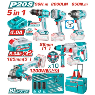 Комплект акумулаторни инструменти TOTAL TCKLI20596, 5в1, 20 V, 2 x 5 Ah