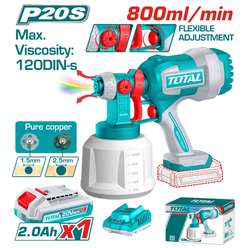 Акумулаторен пистолет за боядисване TOTAL, 20 V, 1 L, 1 x 2 Ah